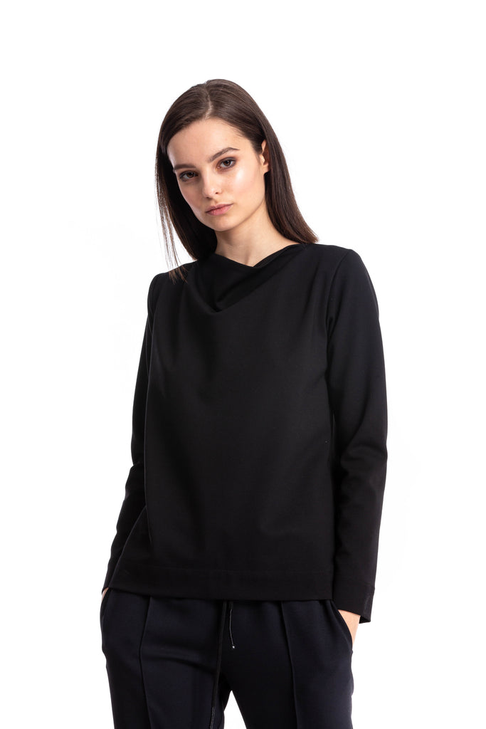 Black stretchy long sleeve Ponte Top with cowl neckline
