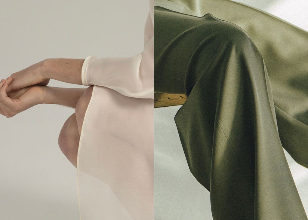 A split image showing two close-up views of the human body draped in sheer, flowing fabric—one in soft nude tones with arms folded inward, the other in muted olive fabric falling in gentle folds.