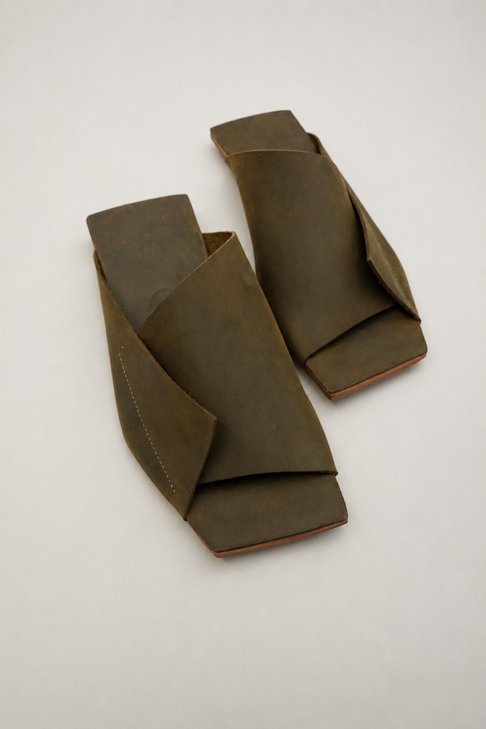 Olive green minimal hand made leather slides by NINObrand