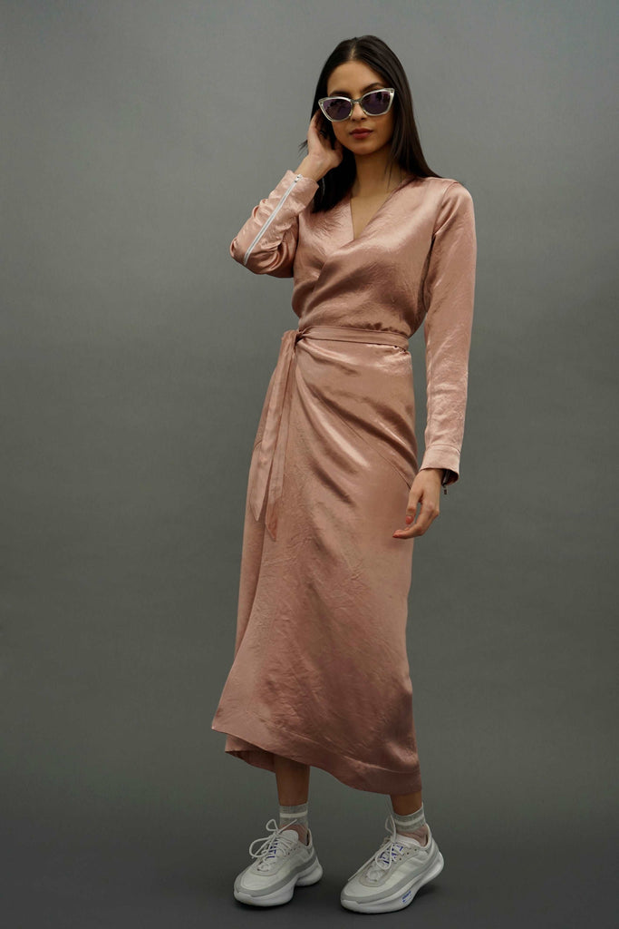 Rose Gold Long Sleeve Wrap Dress