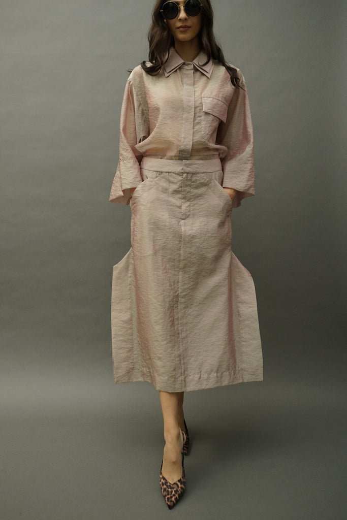 Front view of Effie opal silk organza skirt with sheer drape, studio backdrop