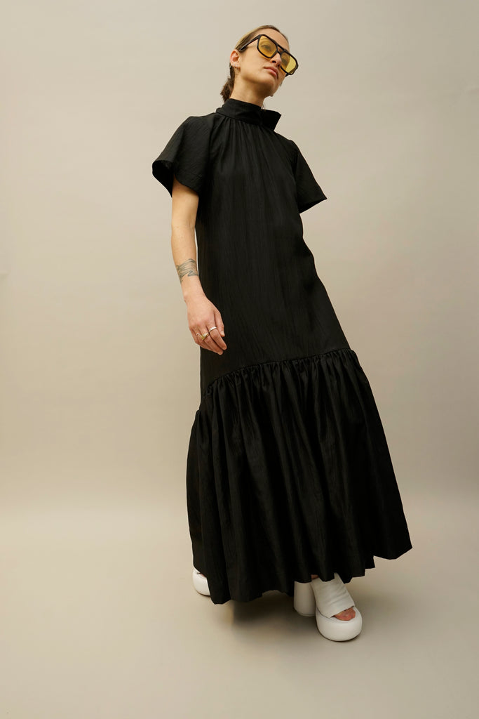 blue dress for baby girl Minimalist Avant-Garde Draped Dress – Oversized Ruched Midi in Black –  SimpleModerne main image 0