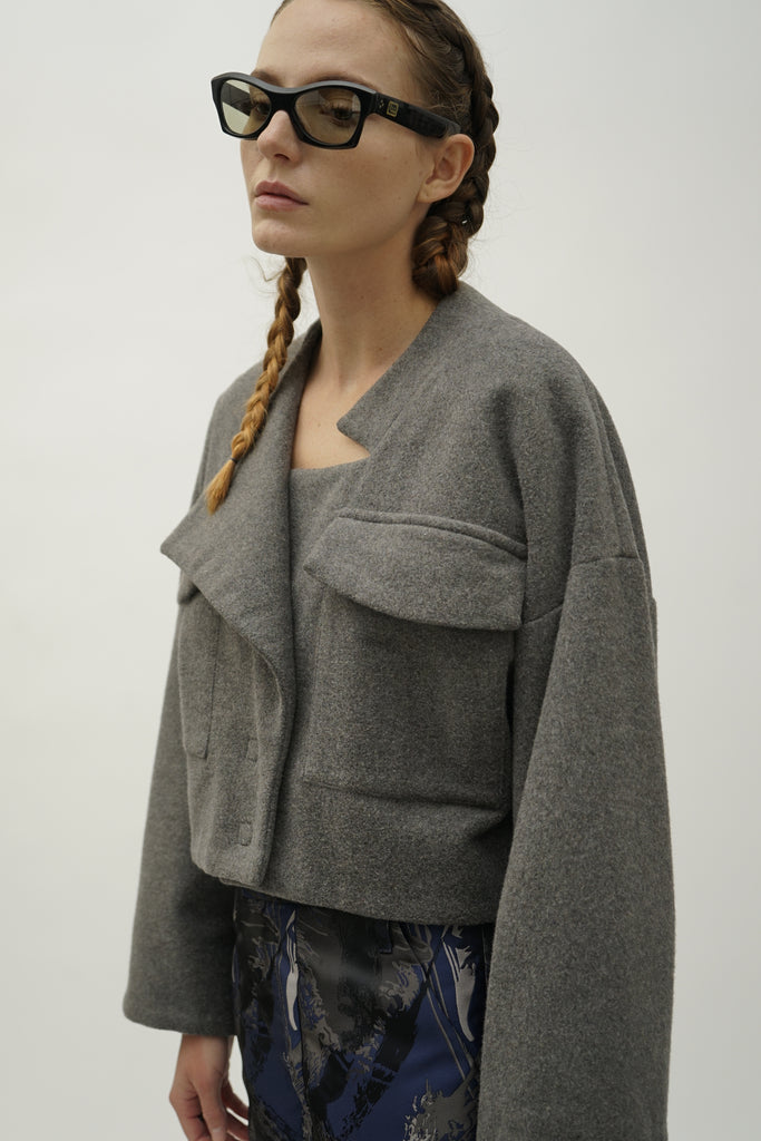 Women's Grey Oversized Asymmetric Flannel Jacket