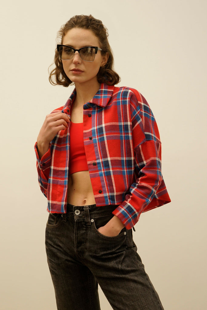 Soledad Tomato Red Plaid Cropped Cotton Flannel Shirt – NINObrand