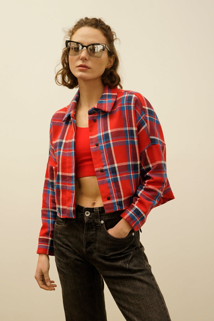 Soledad Tomato Red Plaid Cropped Cotton Flannel Shirt – NINObrand