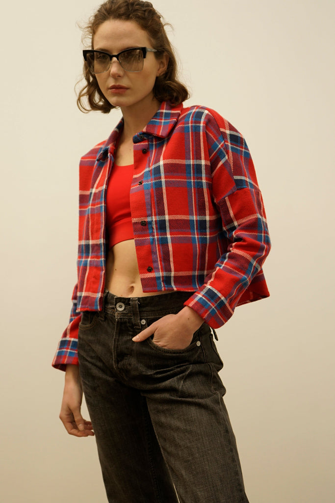 Soledad Tomato Red Plaid Cropped Cotton Flannel Shirt – NINObrand