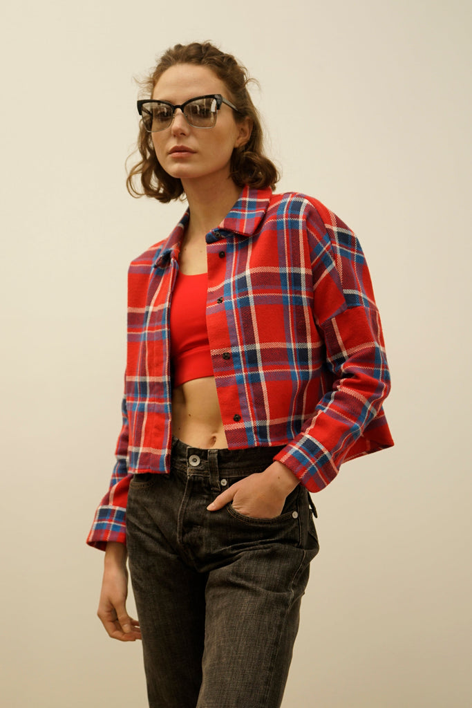 Soledad Tomato Red Plaid Cropped Cotton Flannel Shirt – NINObrand