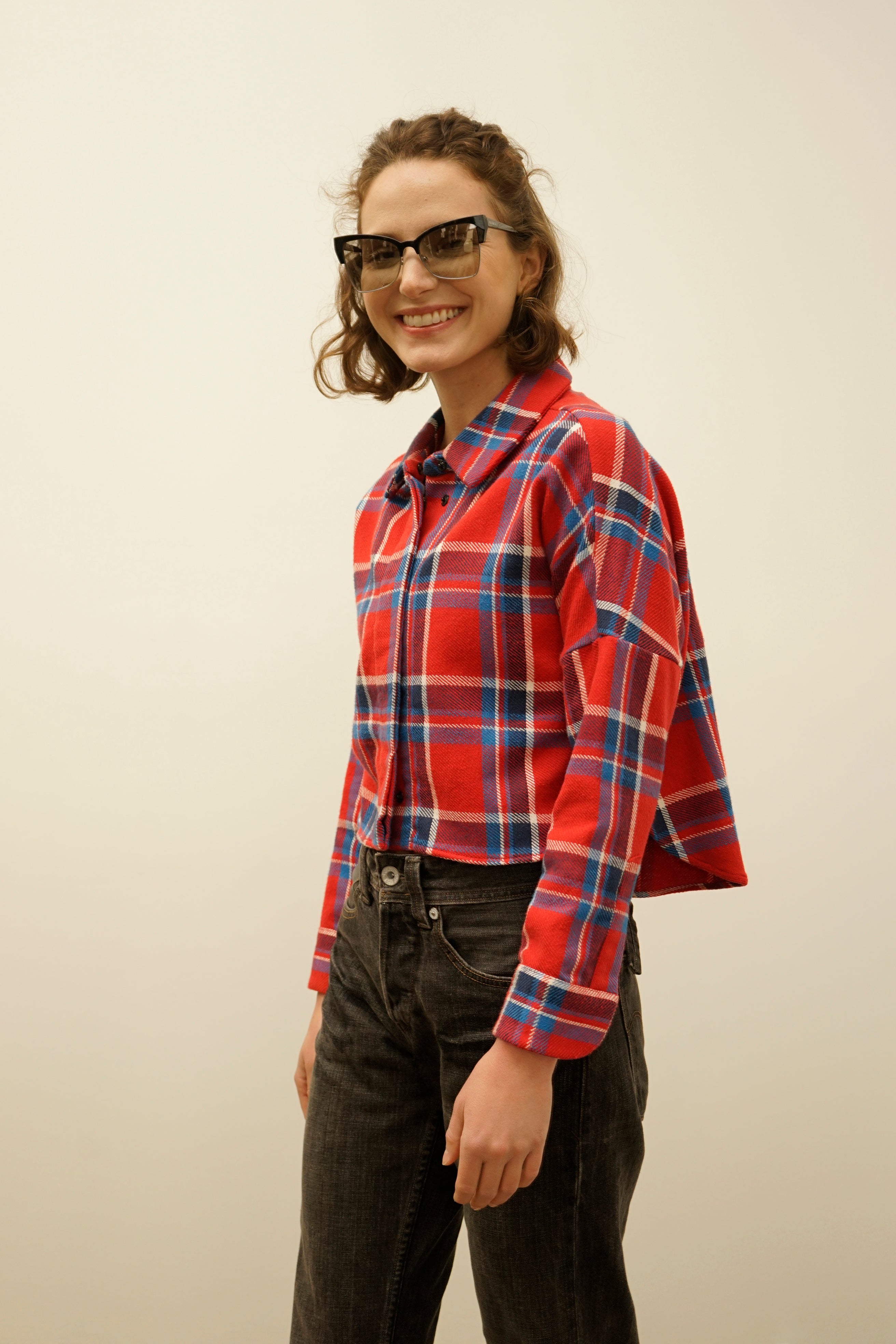 Soledad Tomato Red Plaid Cropped Cotton Flannel Shirt