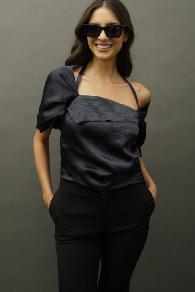 Front view of Bin draped sleeve top with voluminous silhouette, in luxurious dark navy color