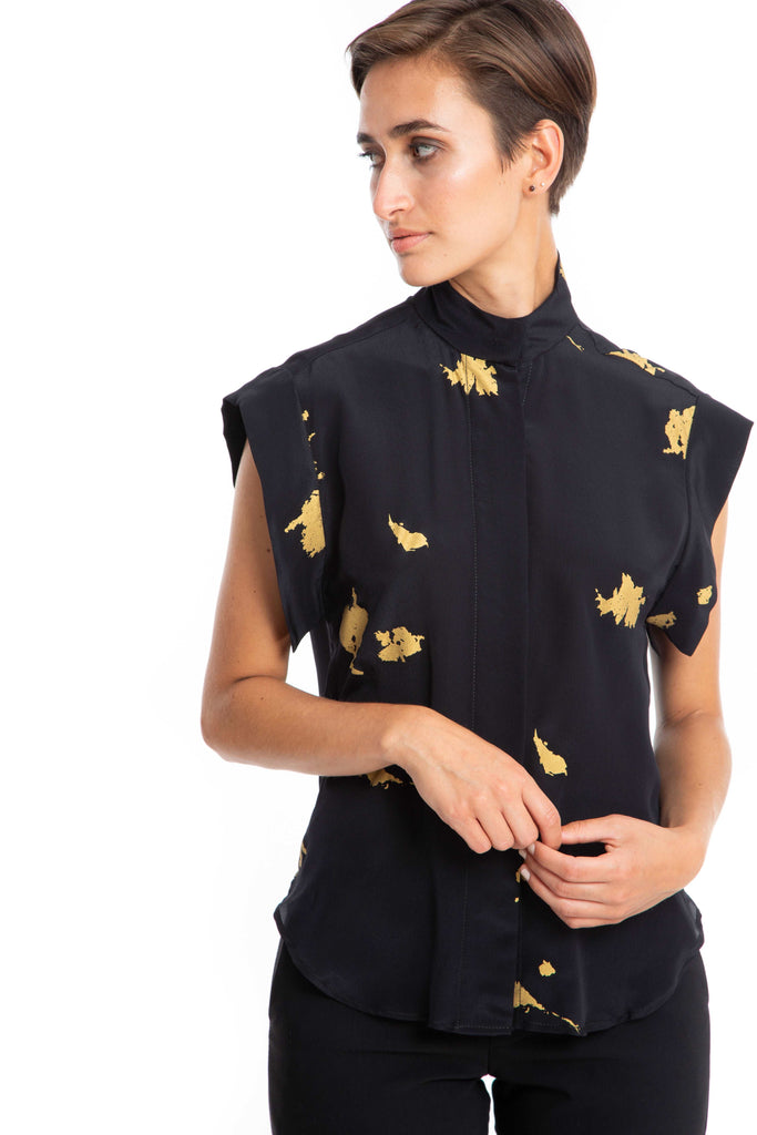 Gold foil on black Silk Blouse with front placket and high raised collar