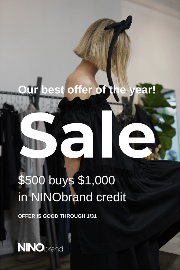 NINObrand January Offer graphic featuring a black off-the-shoulder dress in the studio, with text reading “$500 buys $1,000 in NINObrand credit.”