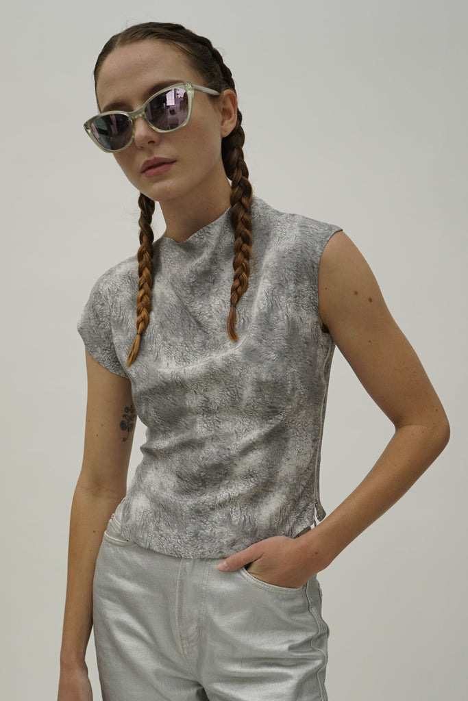 Santo Grey Print Asymmetric Silk Top