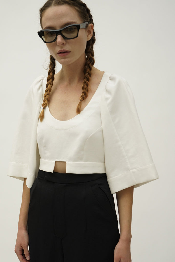 Women's Cream Cropped Blouse with Dramatic Sleeve