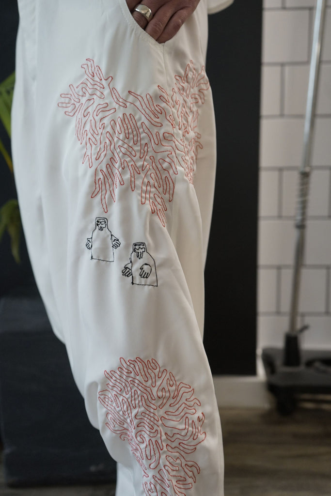 embroidered White Dropped Crotch Pants