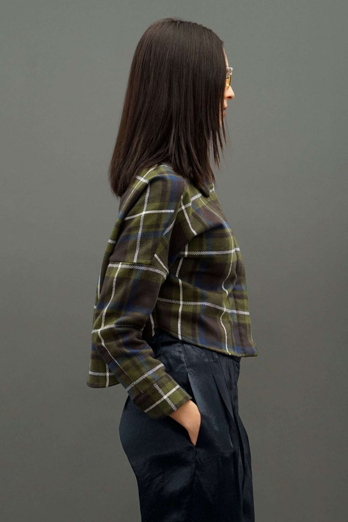 Cropped Olive Plaid Button Down Shirt